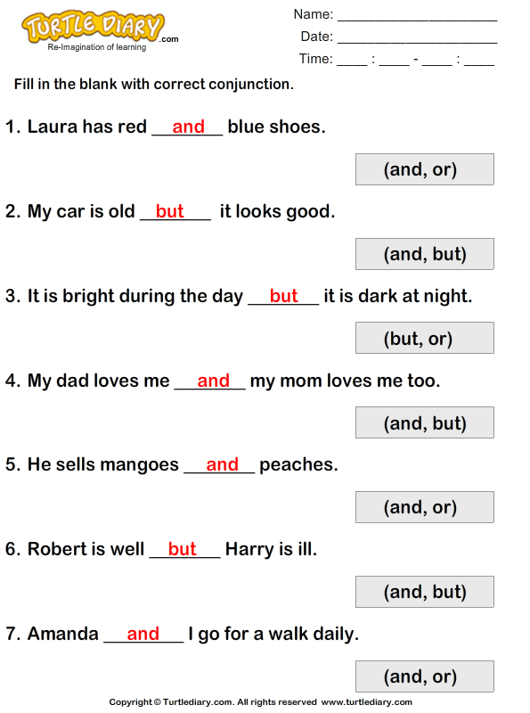 Fill in the Blanks Using Conjunctions Answer