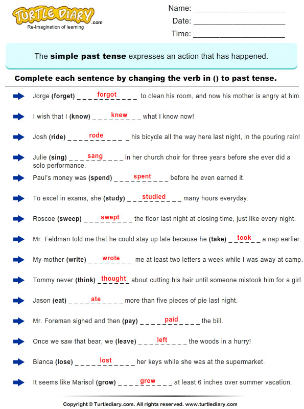 Change the Verbs to past Tense Form Answer
