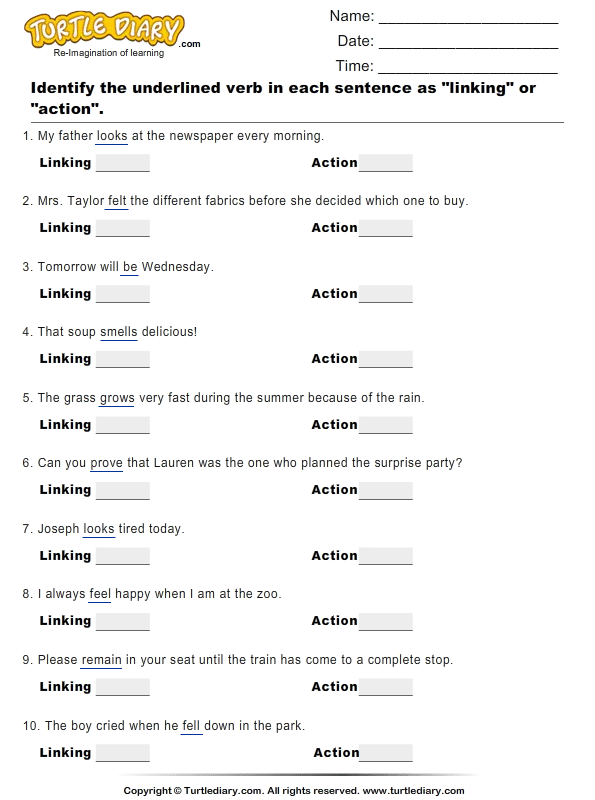 Action Verbs Linking Verbs And Helping Verbs Worksheet