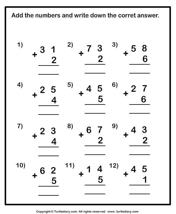 Adding One Digit Numbers and Two Digit Numbers | Turtle Diary Worksheet