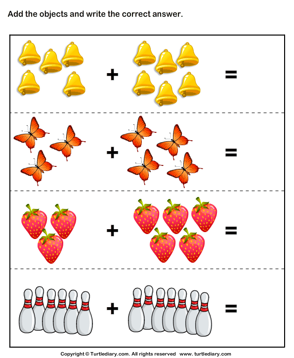 Addition Using Objects | Turtle Diary Worksheet