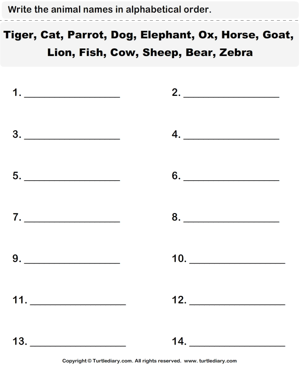 Write the Animal Names in Alphabetical Order