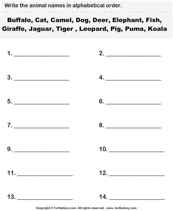 Write the Animal Names in Alphabetical Order