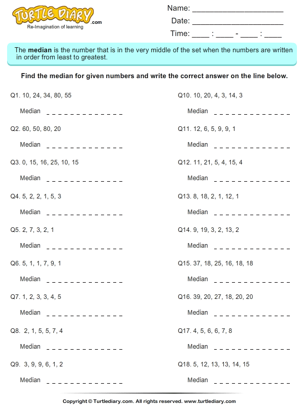 Calculate the Median | Turtle Diary Worksheet