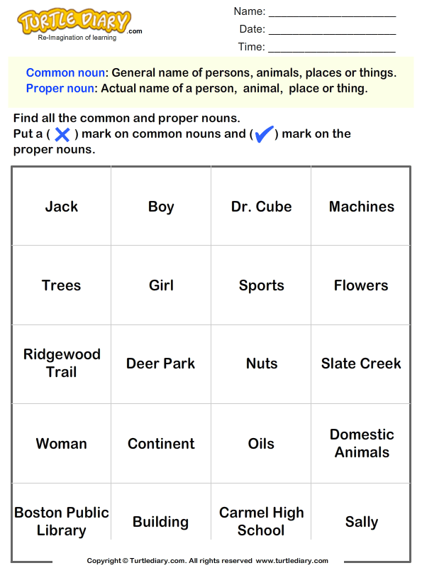 Determining Common And Proper Nouns Turtle Diary Worksheet