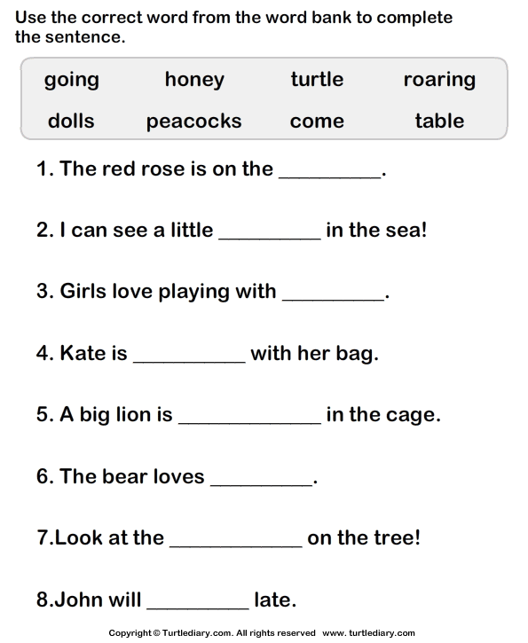 Choose Correct Word to Complete the Sentence | Turtle Diary Worksheet