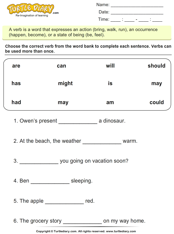 Choose The Correct Form Of The Verb To Be Am Is Are Turtle Diary Worksheet