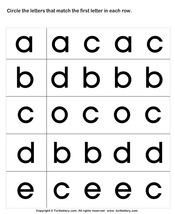 Circle the Matching Letter A B C D E | Turtle Diary Worksheet