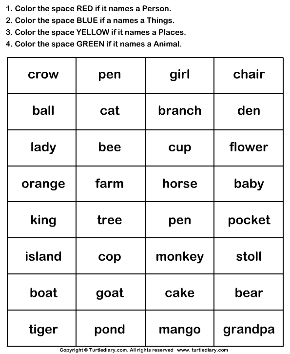Color the Nouns | Turtle Diary Worksheet