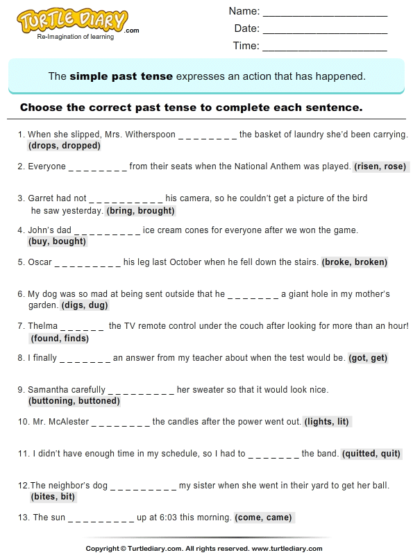 Read Sentences And Choose Correct Past Tense Verb Turtle Diary Worksheet