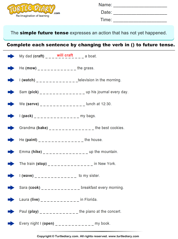 Complete the Sentence by Changing the Verbs to Future Tense Form | Turtle  Diary Worksheet