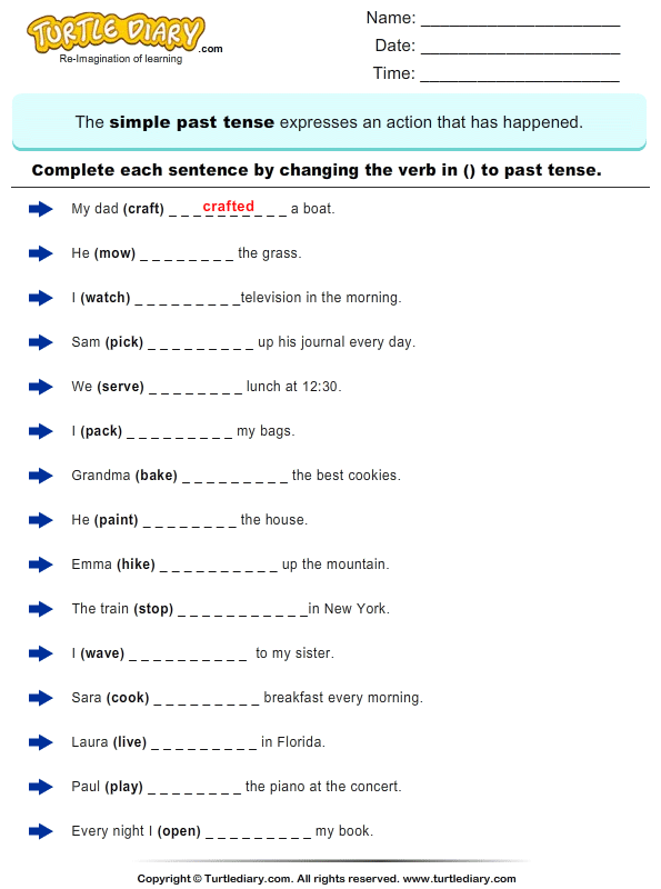 Complete Sentences By Writing Past Tense Form Of Verb Turtle Diary 