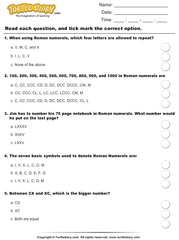 Roman Numerals (Xx Above) : Multiple Choice Questions