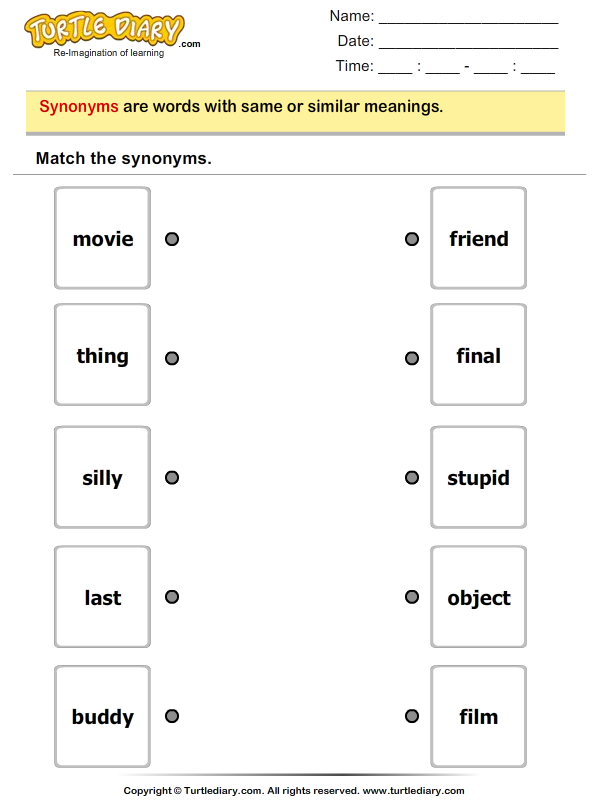 Draw Line Connecting each Synonym Pair Turtle Diary Worksheet