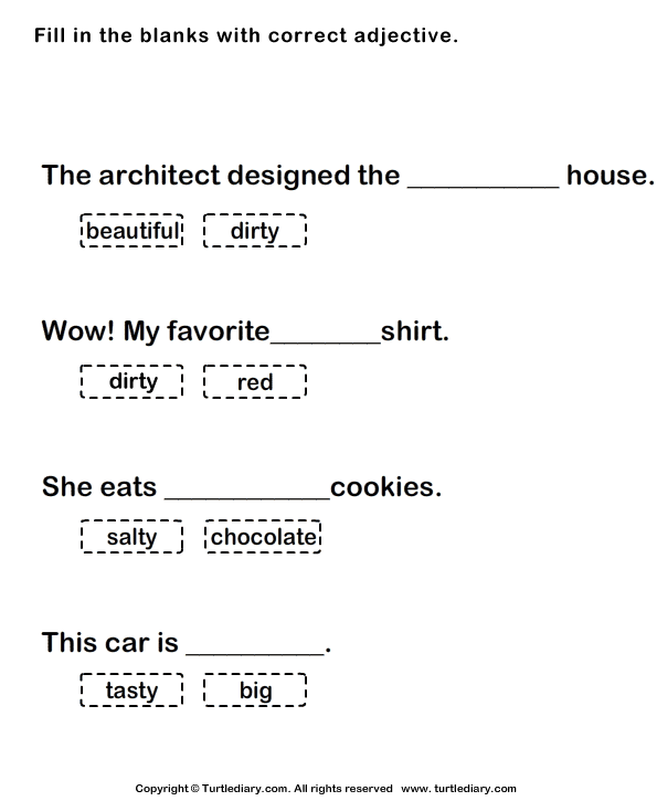 Adjectives Fill In The Blanks Turtle Diary Worksheet