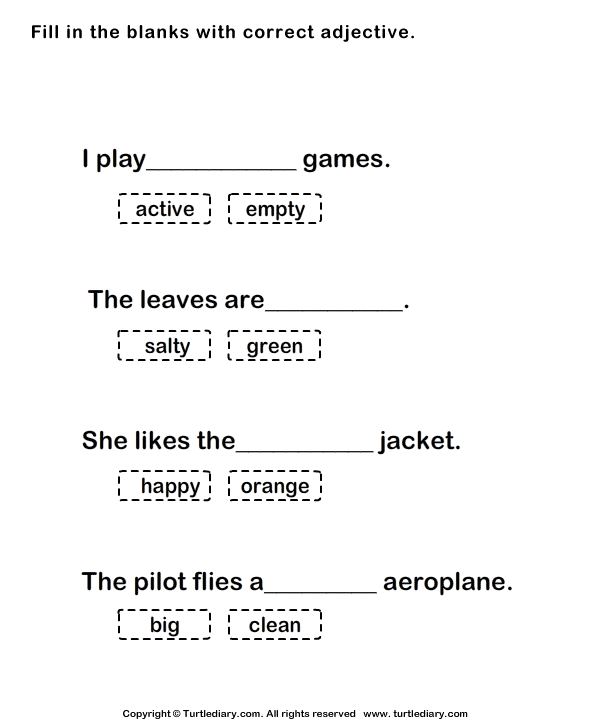 Adjectives Fill In The Blanks Turtle Diary Worksheet