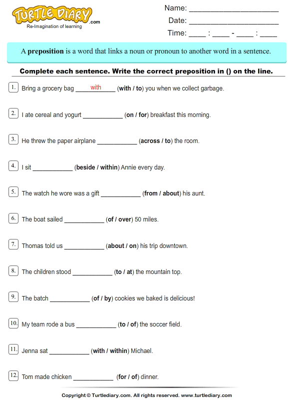 Fill In The Blanks With Correct Prepositions Turtle Diary Worksheet