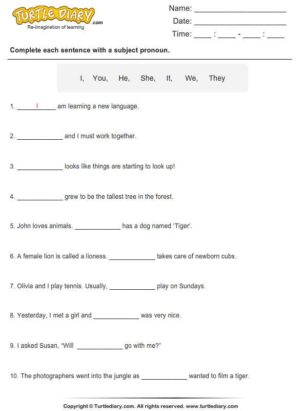 Fill In The Blanks With Subject Pronouns Turtle Diary Worksheet