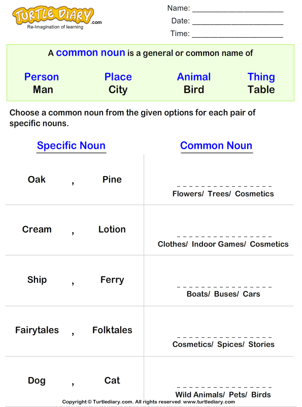 Write a Common Noun for Proper Nouns