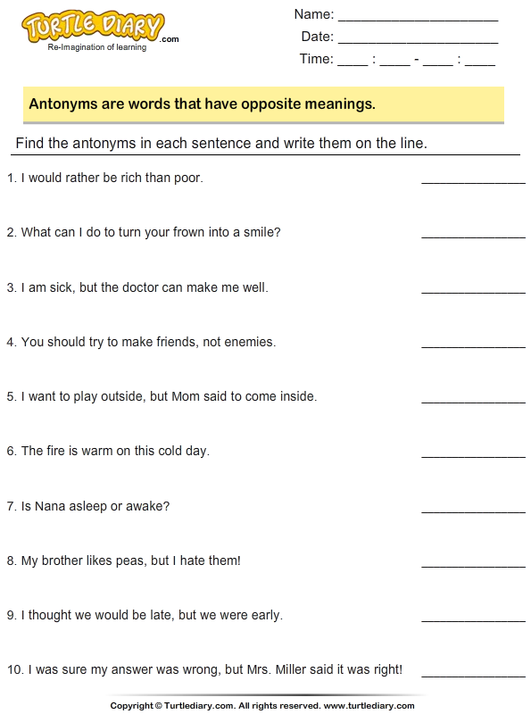Find Antonyms In A Sentence Turtle Diary Worksheet