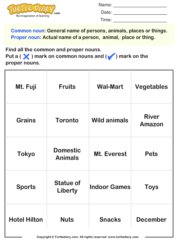 find common and proper nouns turtle diary worksheet