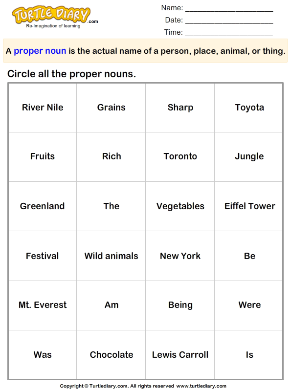 Identifying Proper Nouns From Given Options Turtle Diary Worksheet
