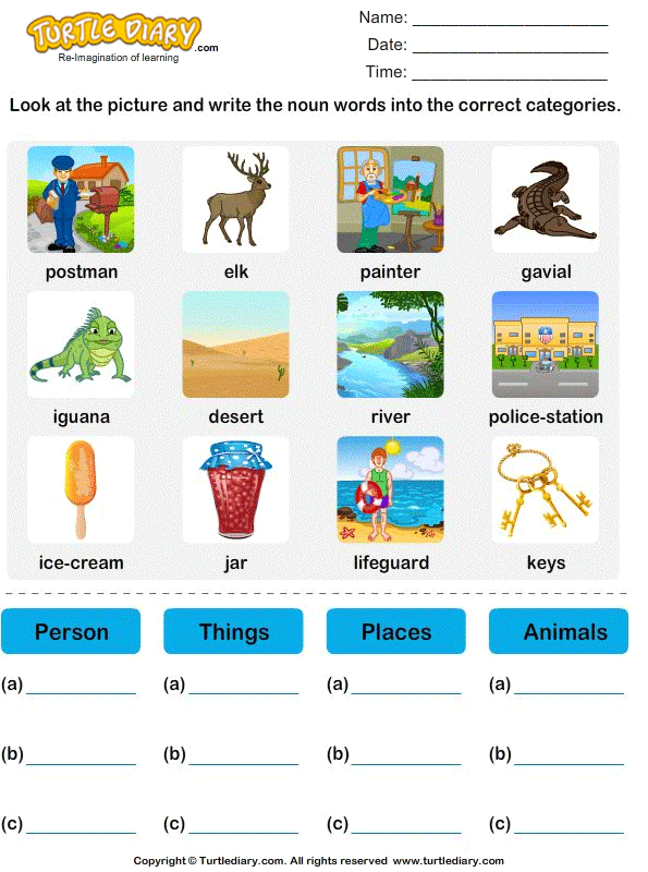 Sort Nouns as Person, Place, Animal or Thing
