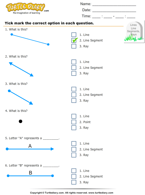 Identify Point, Line, Ray, and Line Segment | Turtle Diary Worksheet