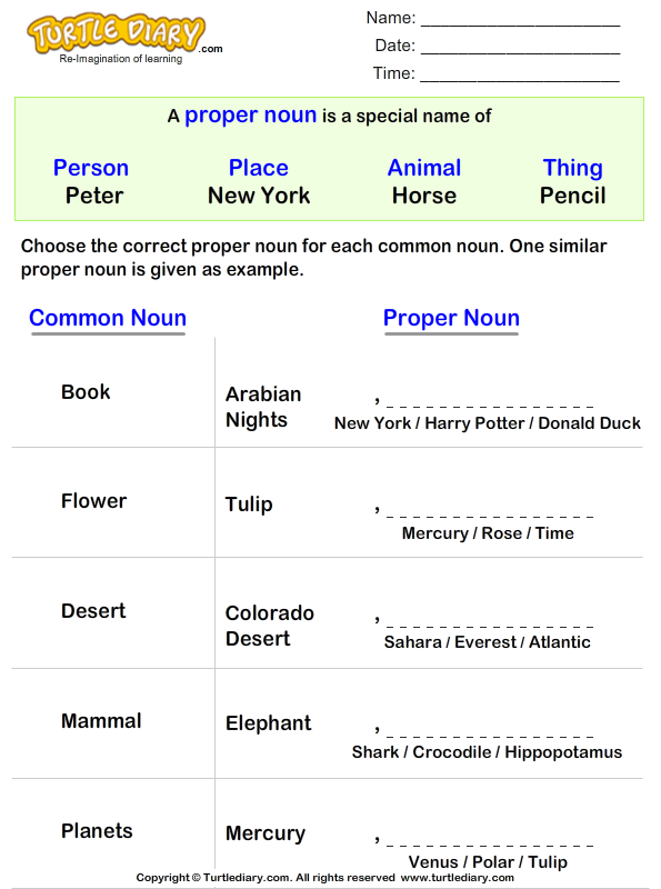 Write a Proper Noun for Common Nouns