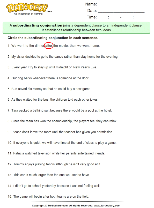 Identify the Subordinating Conjunction in the Sentence | Turtle Diary  Worksheet