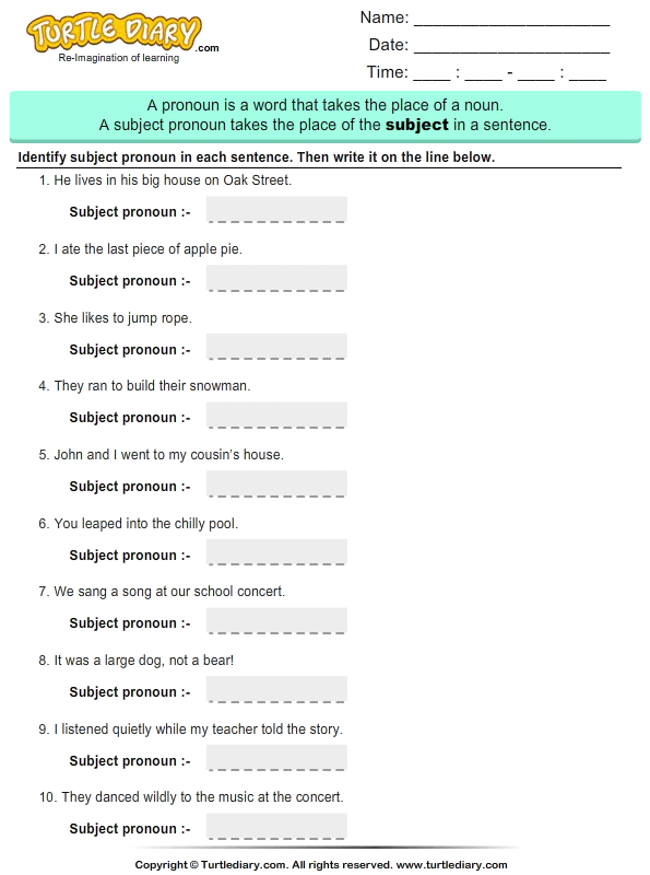 Identify And Write Subject Pronouns Turtle Diary Worksheet