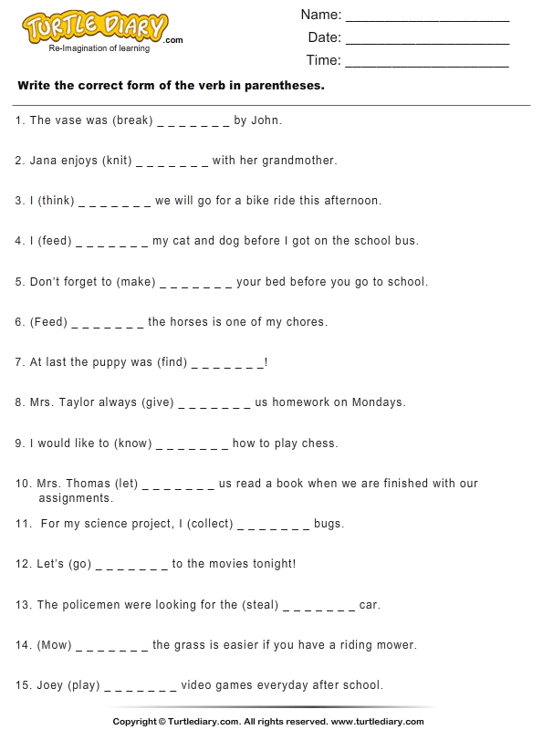 write-the-correct-form-of-the-verb-in-parentheses-turtle-diary-worksheet