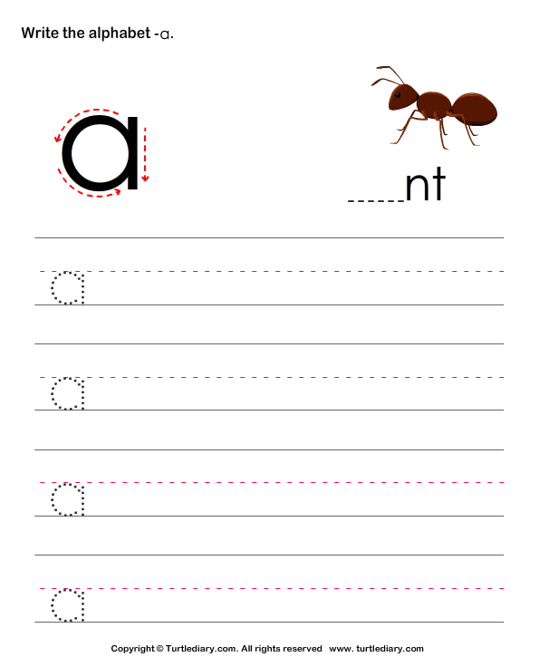 Lowercase Alphabet Writing Practice A | Turtle Diary Worksheet