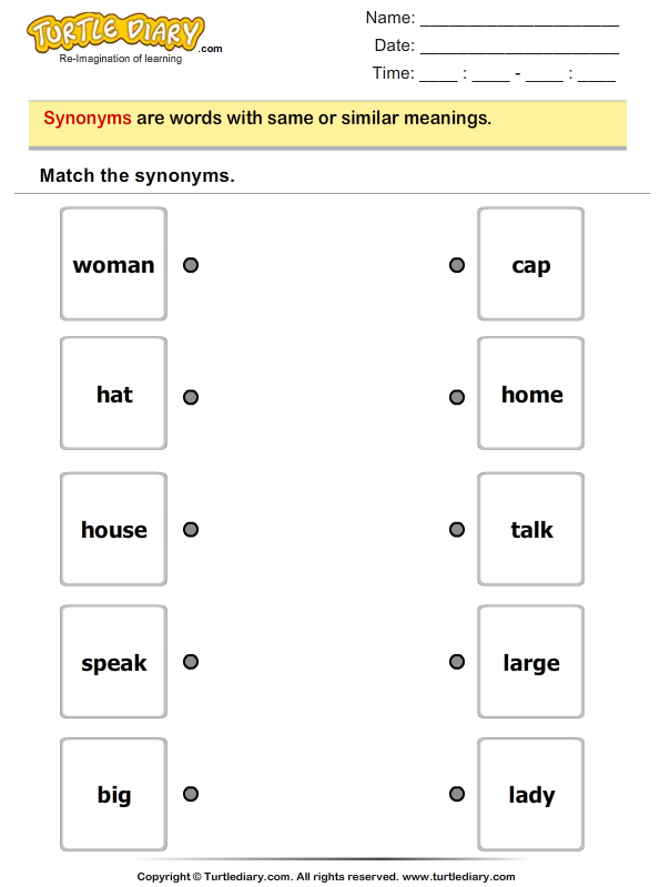 Match Synonym Words Woman And Lady Turtle Diary Worksheet