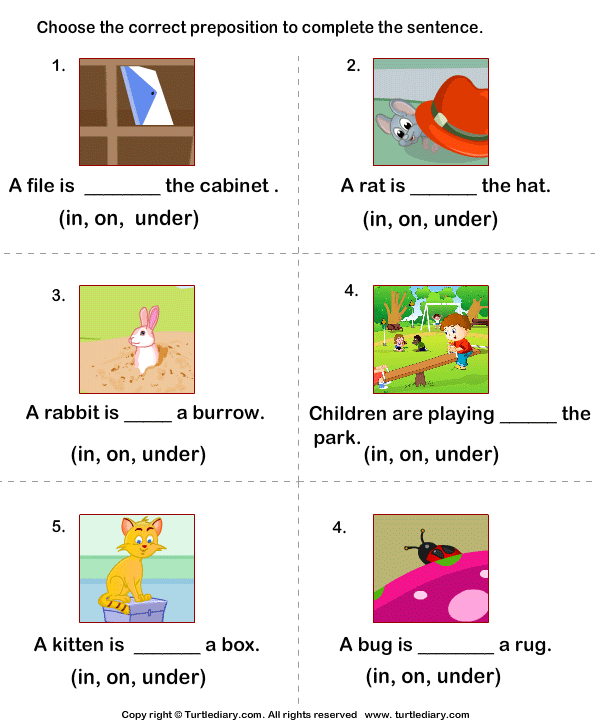 prepositions in on under turtle diary worksheet