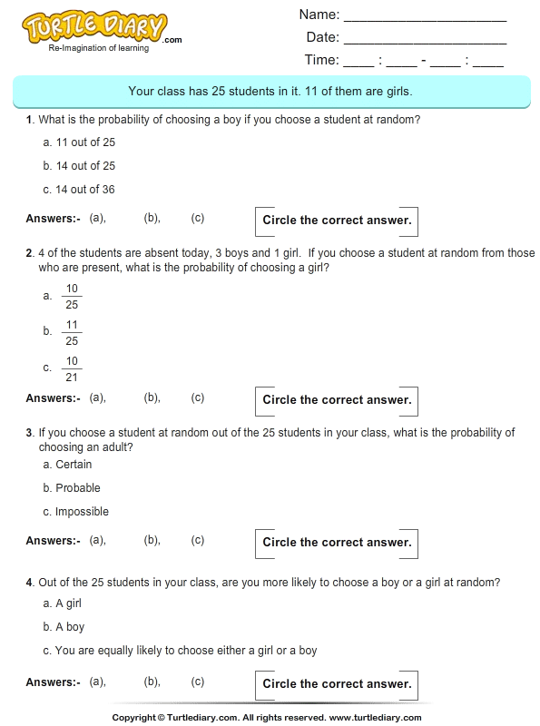 Probability On Number Of Students Turtle Diary Worksheet