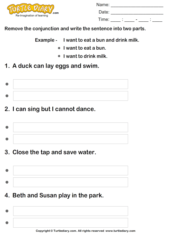 Remove The Conjunction And Rewrite The Sentence Turtle Diary Worksheet