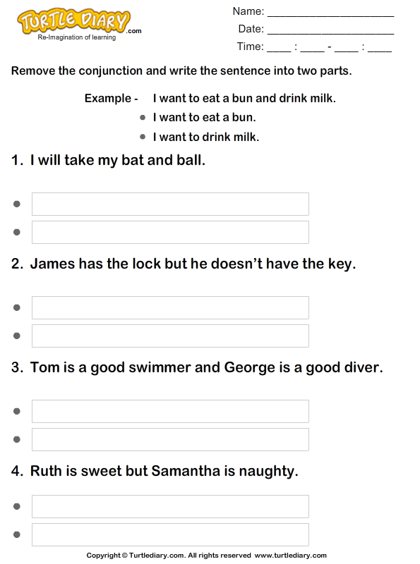 Remove The Conjunction And Rewrite The Sentence Turtle Diary Worksheet
