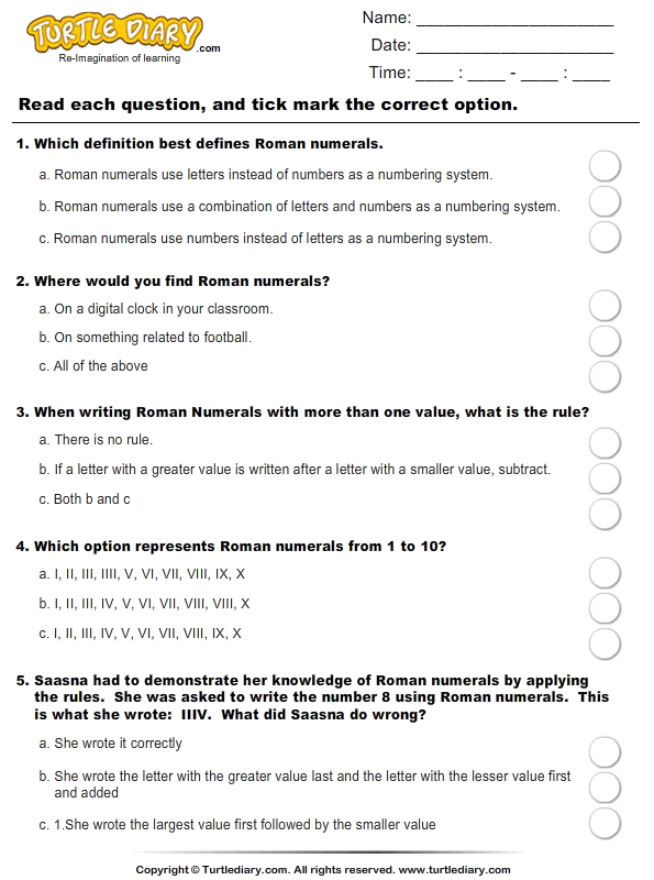 Roman Numerals (I - Xx) : Multiple Choice Questions