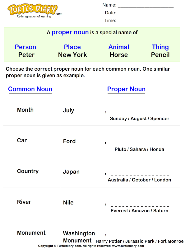 Write a Proper Noun for Common Nouns