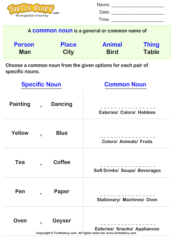 Write The Common Noun For Given Proper Noun Turtle Diary Worksheet