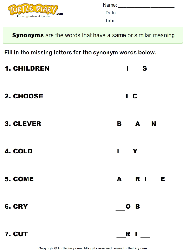 Synonym Fill The Missing Letters Turtle Diary Worksheet