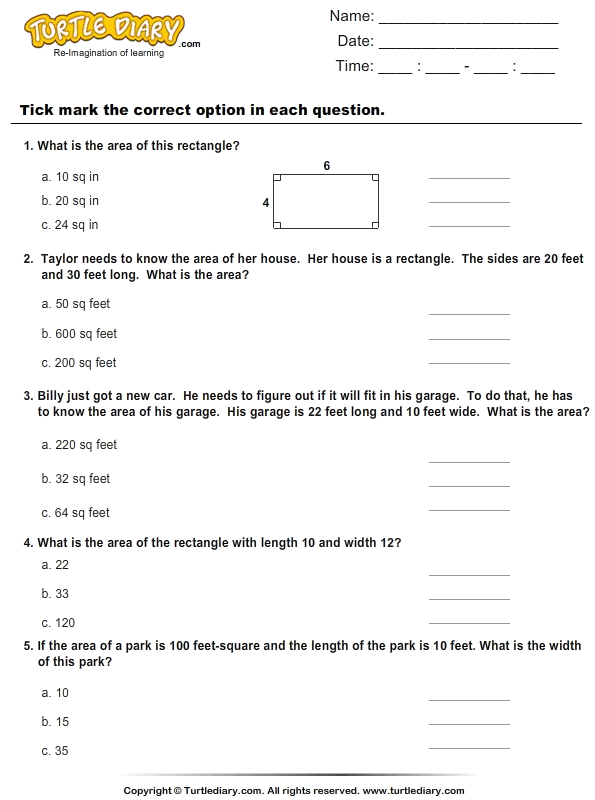Word Problems on Area of Rectangles | Turtle Diary Worksheet
