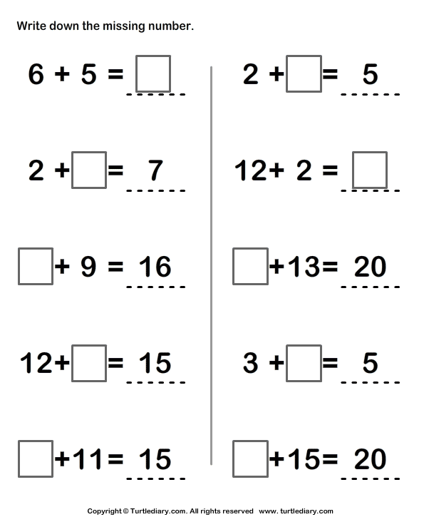 Missing Numbers Addition To 20 Worksheet