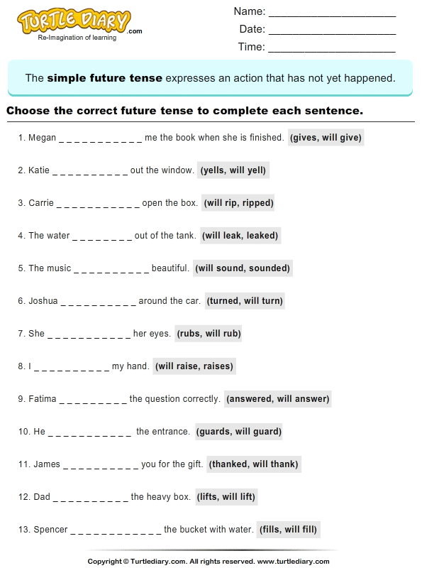 Writing Future Tense Of Verb Turtle Diary Worksheet