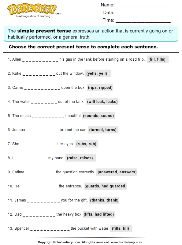 Writing Present Tense Of Verb Turtle Diary Worksheet