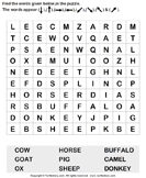 Find Animal Names in a Crossword - animals - First Grade