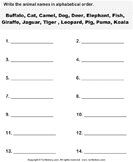 Write the Animal Names in Alphabetical Order - animals - First Grade