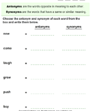 Choose the Antonym and Synonym of Words - antonyms-synonyms - First Grade