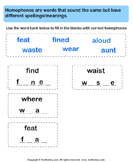 Fill in Letters to Complete the Homophone - homonyms-homophones - First Grade
